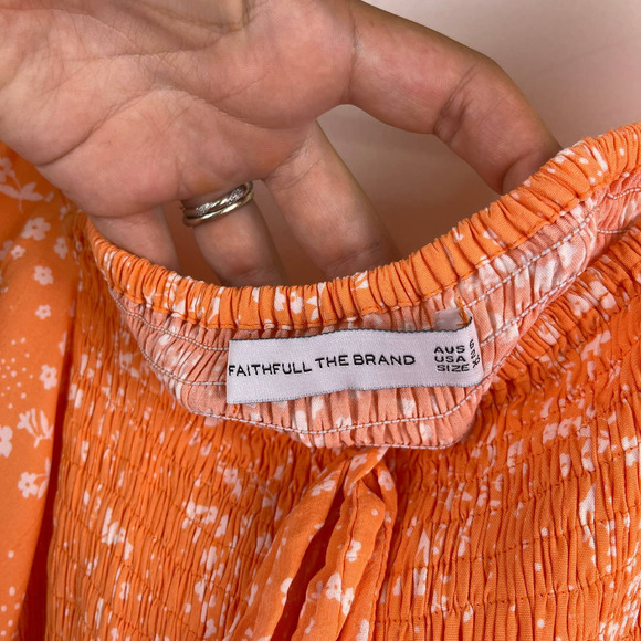 Faithfull The Brand Shirred Orange Stevie Floral Crepe Midi Dress Women’s US 2 - Picture 4 of 8